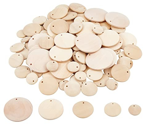 NBEADS 96 Stück 5 Größen kreise Kleine Holzanhänger Unfertige Runde Holzscheiben Kreise Chips Anhänger Mit Löchern Runde Holzscheiben Zum Basteln DIY Malen Party Geburtstagsdekoration