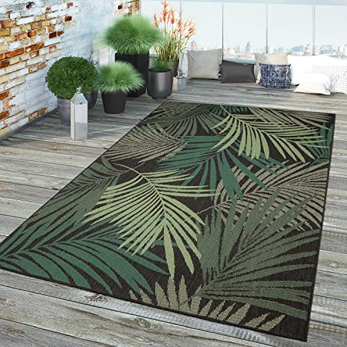 TT Home In-& Outdoor Teppich Wetterfest Balkon Küche Wohnzimmer Palmen Muster Modern, Farbe:Grün Schwarz, Größe:160x230 cm