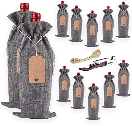 Penubuy Sackleinen Weinbeutel, 12er-Pack Wein Geschenk Beutel mit Geschenkanhänger/Kordelzug（Grau）