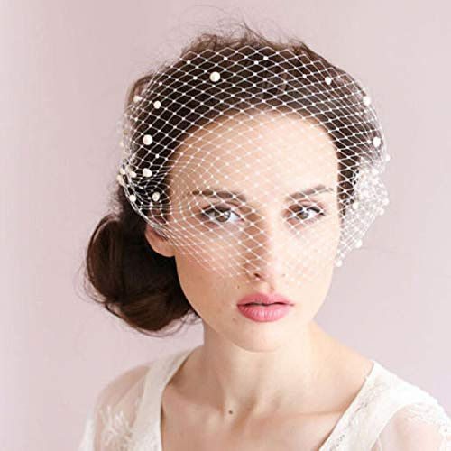 BSLVWG Frauen Classy Chic Weiß Vogelkäfig Gesichtsschleier Perle Fascinator Braut Haarkamm Party Kopfschmuck Kostüm Kopfbedeckung Formelle Kleidung