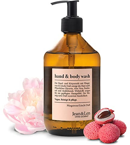 Jean & Len Lavamani e Corpo Peonia e litchi, deterge e nutre la pelle, fragranza fiorita e delicata, gel doccia e sapone, senza parabeni, siliconi e microplastiche, vegan, flacone in vetro 500 ml