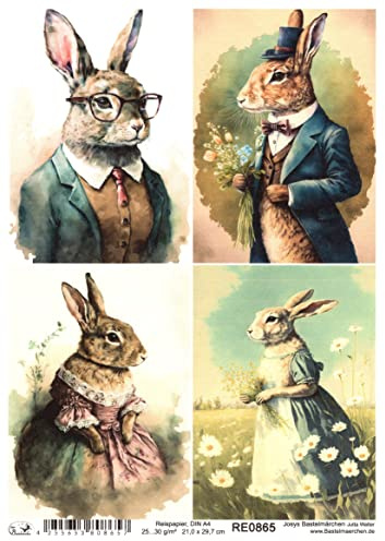 Josys Bastelmärchen Reispapier A4 Strohseide Decoupage Ostern, Osterhase, Hasen, Anzug Kleid RE0865