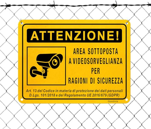 Cartello Area Videosorvegliata Alluminio 15x20cm Cartello Telecamere per Casa e Negozio e Ufficio Protezione UV Gialla Riflettente e Accattivante