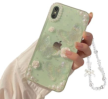 Ownest Handyhülle Kompatibel iPhone XS Max Hülle Schmetterling Blume Transparent Design Aesthetic Frauen Mädchen Glitzer Kristall Süßes Handyhülle Case + Perlenkette