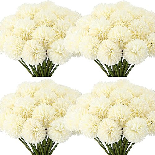 Tigeen 50 Stück künstliche Blumen, Chrysanthemen-Kugel, künstliche weiße Blumen, lebensechte künstliche Chrysanthemen-Kugeln für selbstgemachte Hochzeitssträuße, Brautdusche, Tisch, Garten, Party