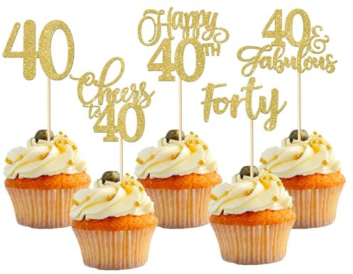 Xsstarmi 30 Pack Gold Happy 40th Birthday Cupcake Toppers Glitter Forty 40 Fabulous Cheers to 40 Years Old Cupcake Food Picks for Happy 40th Birthday Wedding Anniversary Party Cake Decorations