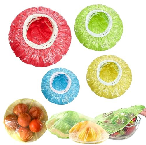 KAYEF Set di 100 coperchi elasticizzati per ciotole, coprivivande in plastica, quattro misure, copertura in plastica per alimenti, per la conservazione di alimenti e verdure.