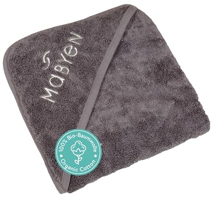 MABYEN Baby Kapuzenhandtuch, 100% Bio-Baumwolle, Dunkelgrau, Oeko-TEX zert. | OEKO-TEX zertifiziert & aus 100% Bio-Baumwolle, saugstark und kuschelweich, Badehandtuch für Babys und Kleinkinder, 70x70cm