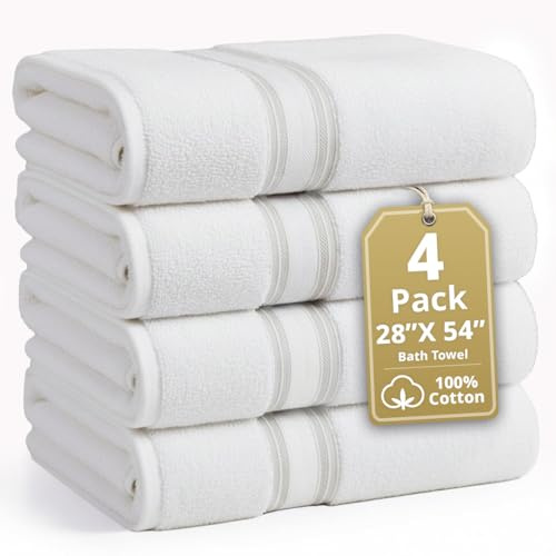 LANE LINEN 100% Cotton 4 Pack Bath Towels (28x54) - Zero Twist, Cotton - Large Towels for Bathroom - Quick Drying, Highly Soft & Absorbent Shower Towel Set - Hotel & Spa Quality - White Towel Set