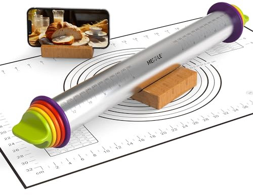 Mepple Stainless Steel Rolling Pin with Thickness Rings and Pastry Baking Mat, 13.6 Adjustable Rolling Pin Dough Roller for Baking Cookie Pizza, Comes with Large Silicone Pastry Mat and Wooden Stand