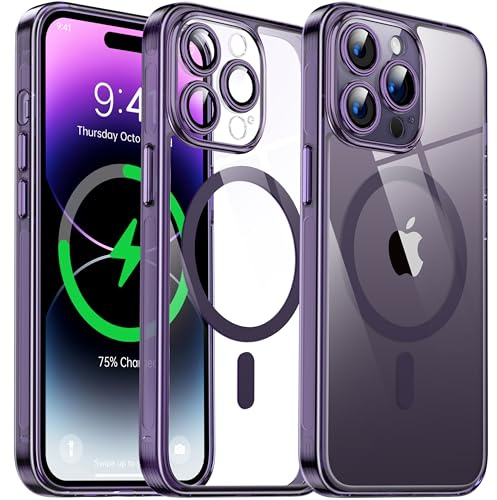 Flyzoo Clear Magnetic Case for iPhone 14 Pro (6.1'') with Camera Protector, [Compatible with MagSafe] [Non-Yellowing] [Shockproof & Antiscratch Protection] Hard Transparent Cover with Silicone, Purple