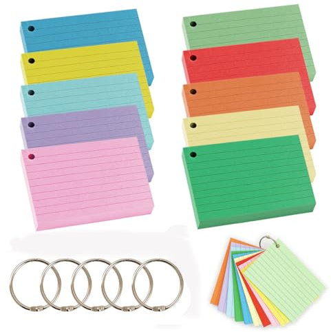Daover A7 Flash Card, 500 Pcs Revision Cards Index Cards, Colour Record Cards with 5 Binder Rings,Ten Colours Flash Card Lined Note Cards for Student Essentials Learning Office Notecards Taking