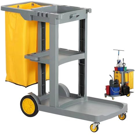 Janitorial Trolley, Cleaning Cart On Wheels Multipurpose with 3 Tier Shelve Oxford Bag side Hook Design & swivel for Housekeeping Commercial Cart Hotel Office. gray
