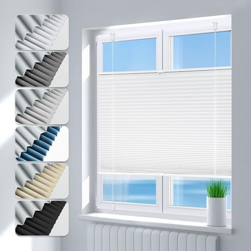 Deswell Plissee ohne Bohren Verdunkelung Klemmfix Verdunklungsplissee B65 x H160 cm Weiß, 100% Blickdicht lichtundurchlässig Thermo Plissee Faltrollo Sichtschutz Sonnenschutz für Fenster Tür