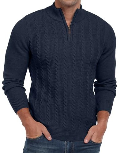 Hisir Jersey de punto trenzado con cremallera para hombre, cuello redondo, manga larga, suéter casual para hombre, azul marino, M