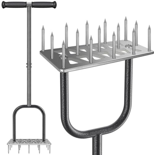 BeneLabel Rasenlüfter Spike, Manuell Rasen Belüfter Gardena Aerifiziergabel Gras Rasenspecht Rasenlocher mit Langstiel Bodenbelüften Werkzeug 15 Spikes mit rutschfest T-Griff für Rasenpflege/Silber
