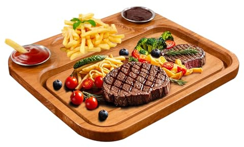 MAVOTER Wooden Steak Plates include 2 Sauce Cups, Wood Steak Board Set Serving Tray for Food Meat Cutting Board with Juice Groove, Charcuterie Board Platter for Home