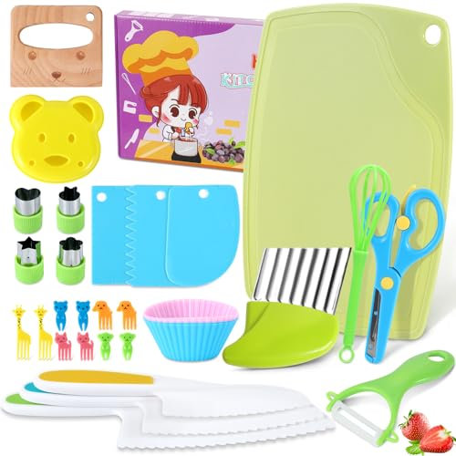 Votoko 31 Pezzi Coltelli da Cucina per Bambini, Coltello per Bambini Montessori, con Forme per Imparare Tagliare le Verdure, Coltelli in Legno, Set di Coltello da Cucina per Bambini per la vera Cucina