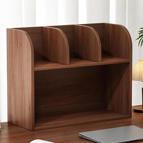Estantería de escritorio de madera maciza de 2 niveles, multiusos, organizador de escritorio resistente con tablero grueso, color nogal, 50 cm