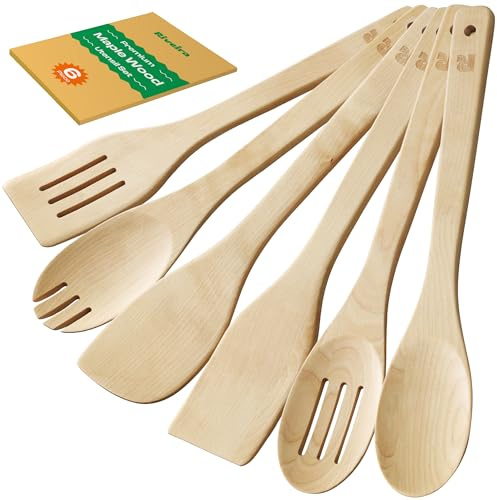 Riveira Maple Wooden Spoons for Cooking Set of 6 – Natural Maple Wooden Cooking Utensils, Wooden Spatula, Wooden Spoon - Premium Quality Utensil Set for Non-Toxic Cooking