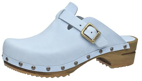 Sanita Kristel offener Clog | Original handgemacht | Leder-Holzclogs für Damen | Nachhaltige Sohle | Hellblau | 41 EU