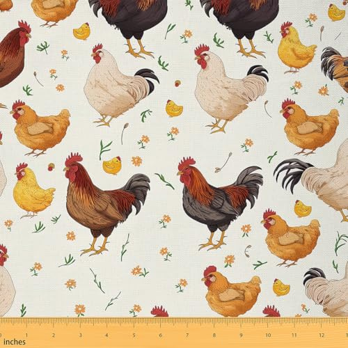 Loussiesd Huhn Stoff 92x150cm Nette Farm Tier Patchwork Stoffe Dekor Rustikale Farm Huhn Bauernhaus Hahn 3D Ein Thema Stoff Meterware Blume Polsterstoff