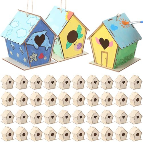 DoubleFill 12 Pack 4.33'' Wooden Bird House Craft Kit for Kids Spring DIY Birdhouse to Build and Paint Unfinished Hanging Birdhouse Bulk Spring Summer Bird Feeder for Class Creative VBS Crafts
