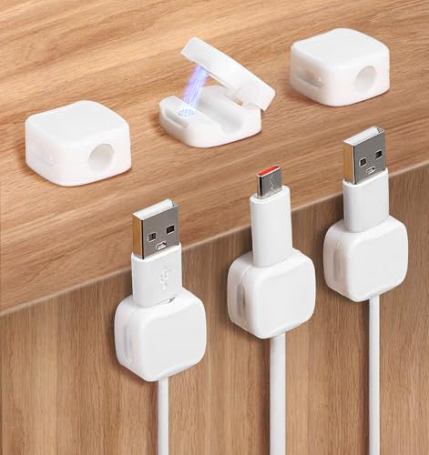 6 Pack Magnetic Cable Clips, Magnetic Wire Holder, Charger Cable Holder, Adhesive Cord Holder, Cell Phone Cord Holder for Nightstand Car, Office, Home Desktop, Wall (White)