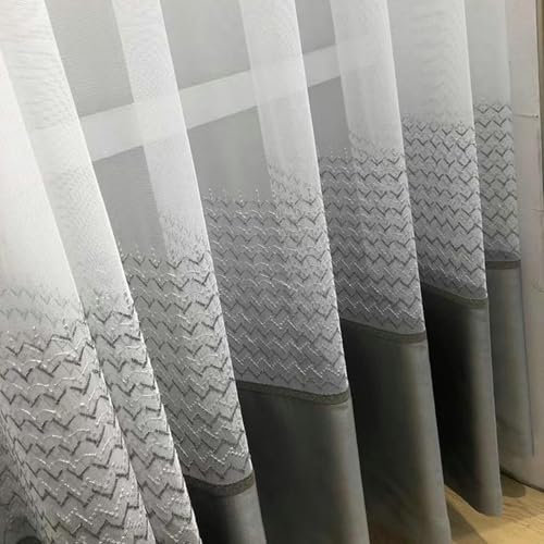 Küchenvorhänge Gardinen Grau Voile 2er Pack Wellen Besticktes Patchwork H138 x B102 cm (2er Pack) Gaze