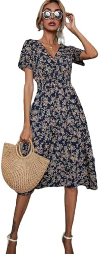 XIVISTO Vestito Donna Elegante Stampa Floreale Abito da Spiaggia Estivi Maniche Corte Vestiti con Scollo a V per Casual Vacanza ﻿