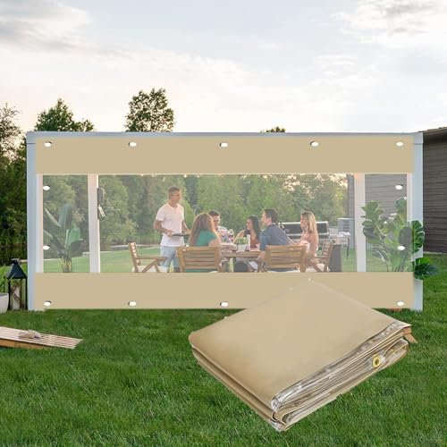 Toldo transparente para exteriores, toldo de PVC resistente a la intemperie para pérgola, patio, cenador, paneles laterales en color beige transparente, duradera, protección UV, fácil instalación, 4