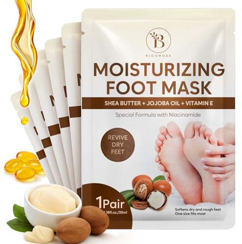 Hydrating Foot Mask Socks for Dry Cracked Feet, Restoring & Moisturising Socks with Shea Butter, Jojoba Oil & Vitamin E, Feet Masks for Women & Men Foot Care & Cracked Heel Repair (6 Pairs)