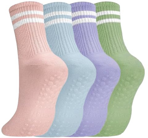flintronic Chaussettes Yoga Femme, 4 Paires Chaussettes Pilates en Coton, Yoga Antiderapant Chaussettes, pour Ballet, Danse, Pilates, Fitness Sport