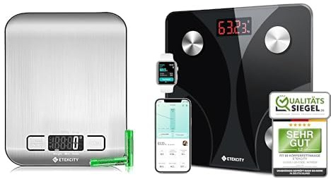 Etekcity Küchenwaage Digital aus Edelstahl 304 und Personenwaage mit Körperfettanalyse bis 180 kg mit 13 Körperwerten Fitness Waage mit BMI Muskelmasse und App