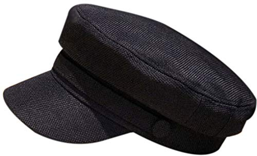 Cotton Linen Sailor Captain Caps Retro Breton Beret Cap Flat Top Newsboy Fisherman Hat Unisex, Deep Denim Blue, Style 2