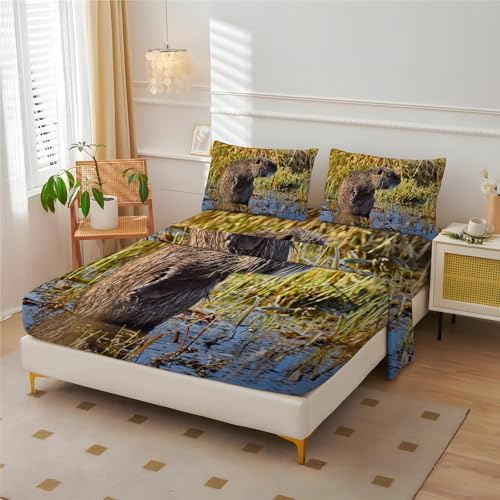 4 PCS Fitted Sheet Queen Set with 14 Deep Pocket, Beaver Rat Bedding with 2 Pillowcases for Kids and Adults, Animal Flat Bed Queen Sheet Set