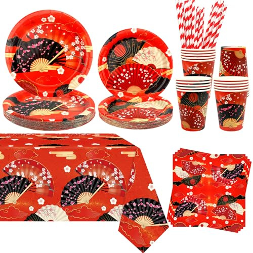 Hibachi - Decorazione per feste a ventaglio pieghevole, include piatti, tovaglie, tovaglioli, stoviglie per fan cinesi, giapponesi, feste, baby shower, 20 pezzi