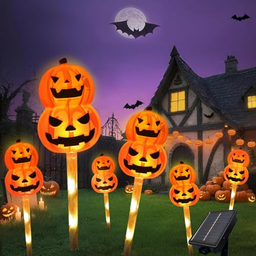 2025 Halloween Deko Outdoor Licht,6 Stück Kürbis Lichter,8 Lichter Modes,Kürbis Solarlampen für Außen Garten,Halloween Outdoor Garten Deko,für Party Horror Terrasse Veranda Deko