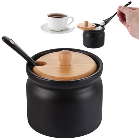 ZOFUN 2 PCS Keramik Zuckerdose mit Löffel und Deckel aus Bambus, 6.8x8CM Zuckerlöffel für Haus und Küche für Kaffee, Zucker, Tee, Müsli, Mehl, Gewürze, Beige, Schwarz