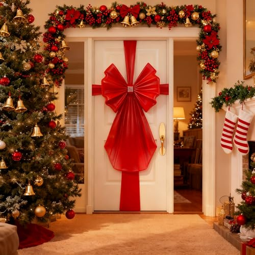 Miioto Noeud Porte Noel, Ruban Porte Noel, Noeud Rouge Noel Porte, Gros Noeud Rouge Noel Decoration Porte Noel pour Les Fêtes de Mariage Noël, Sapin Noël, Portes et Fenêtres, 60cm X 80cm