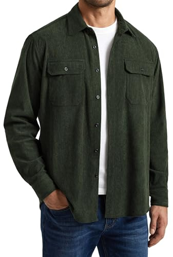 Enlision Giacca Camicia Uomo Velluto a Coste Sovracamicia Leggera Manica Lunga con Tasche a Patta Stile Workwear Vintage Layering Top Verde Militare XL