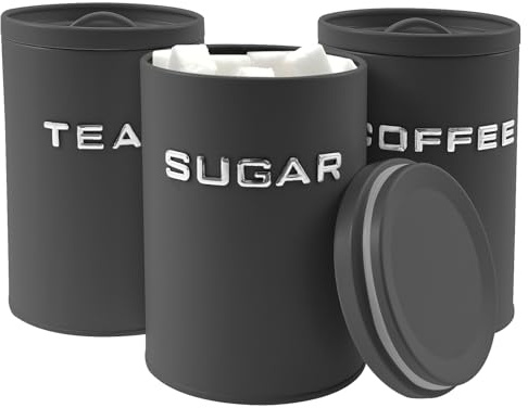 3Pcs Tea Coffee Sugar Canister Set,Round Food Storage Containers,Metal Canister Storage Jar with Airtight Lid and Handle,Multi-Purpose Canisters Sets Decorative Food Caddy for Kitchen Counter(Black)