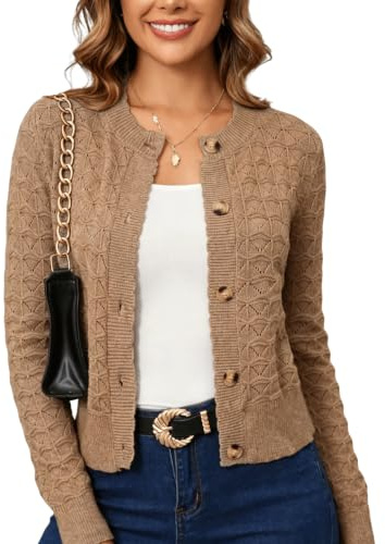 Bolero Mujer Cardigan Corto Hueco Grueso Chaqueta de Punto Manga Larga con Botones Rebecas Cuello Redondo Antiguo Básico Clásico