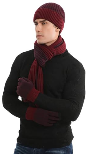 YAMEE Wintermütze Schal Handschuhe Set für Herren Mode Einfache,Damen Beanie Strickmütze Langer Schal Touchscreen Handschuhe,Weiches Strick-Set für Männer Frauen,Zweifarbige Design