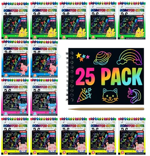 Detalle Cumpleaños Infantil | Pack 25 Libretas para Rascar con Lápices de Madera | Regalitos Cumpleaños Invitados Niños, de 3 a 12 Años | Regalos Cumpleaños Niños Colegio