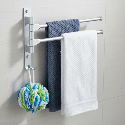 Porta Asciugamani Bagno Adesivo, Girevole a 180° Portasciugamani da Parete con 2 Barre, Alluminio Appendi Asciugamani Bagno Adesivo, Senza Forare per Bath e Cucina (Argento)