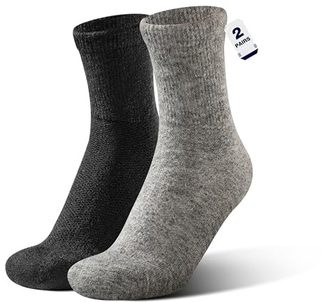 Rahhint Calze in lana di alpaca per diabetici da donna e da uomo, senza gomma, larghe, vestibilità rilassata, spesse, termiche, morbide, senza cuciture, traspiranti, nero + grigio., M