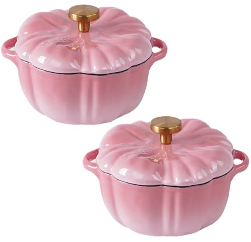 Marmite Citrouille,Cocotte en Fonte Émaillée en Forme De Citrouille,Grand bol à soupe avec deux poignées,Casserole Antiadhésive,Marmite À Soupe Profonde,Plaques À Induction(Pink 16cm(2Pcs))