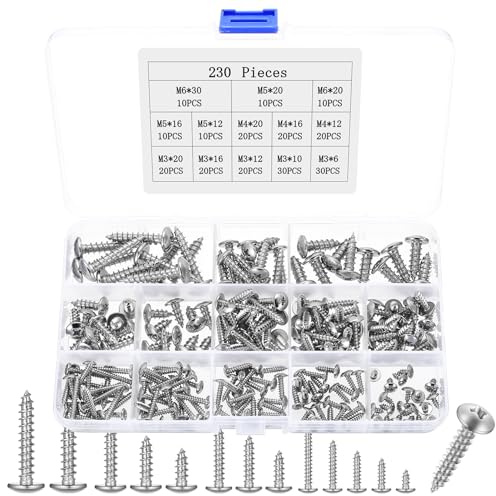 230 Pcs Self Tapping Screws Metal, M3 M4 M5 M6 Stainless Steel Wood Screws Assortment, Phillips Large Flat Dome Round Head Screw Set for Wood, Sheet Metal, Plastic