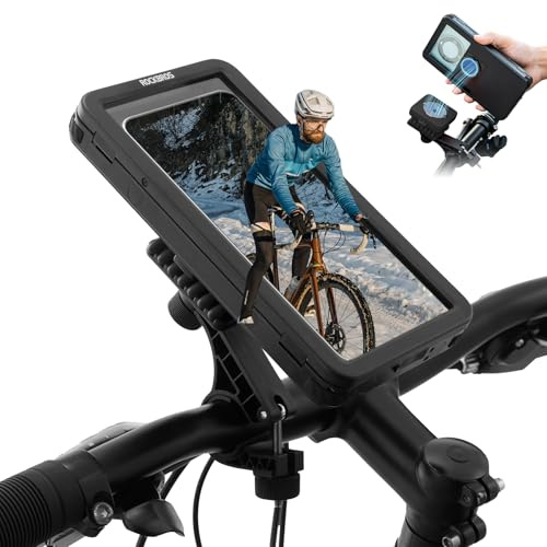 ROCKBROS Magnetic Bike Cell Phone Holder IPX4 Waterproof Motorcycle Phone Mount on Handlebar Fit for 4.7-6.9 Phones FlipCase 360° Full-Body Protection 3S Quick Auto Lock Rotateable Anti-Shock